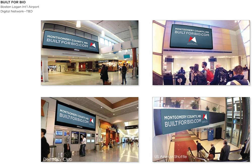 Various photos of the Built for Bio campaign on display at Logan International Airport