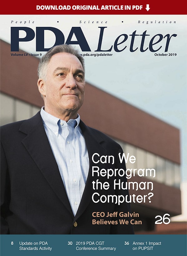 Parenteral Drug Association (PDA) magazine cover featuring CEO Jeff Galvin