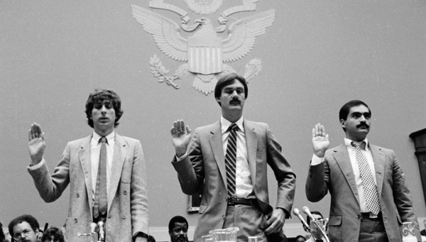 Three AIDS activists are sworn in before a House Governmental Relations subcommittee hearing on Capitol Hill to study strategies for dealing with the fatal disease, Aug. 2, 1983