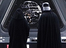 Darth Vader and Emperor Palpatine observe the development of the Death Star