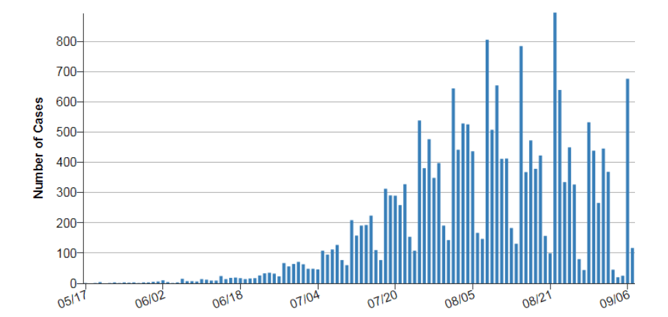 A graph of the number of cases of monkeypox over time